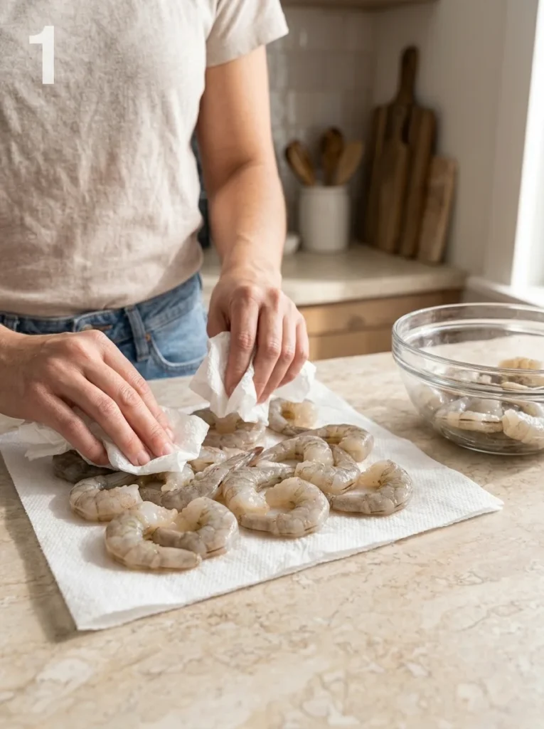 Raw peeled shrimp being patted dry with paper towels
