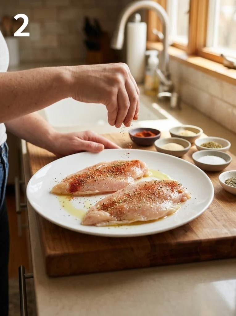 Hand sprinkling paprika and herb seasoning over lightly oiled raw chicken breasts on a white plate.