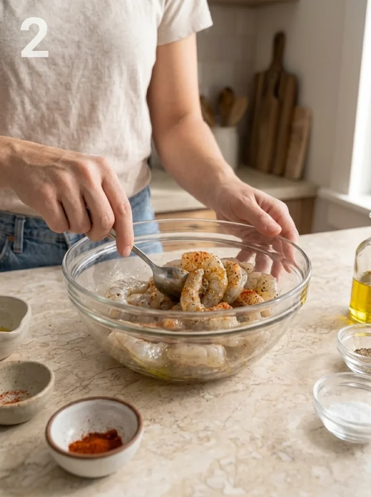 Raw shrimp tossed with olive oil, garlic powder, and smoked paprika in a glass bowl