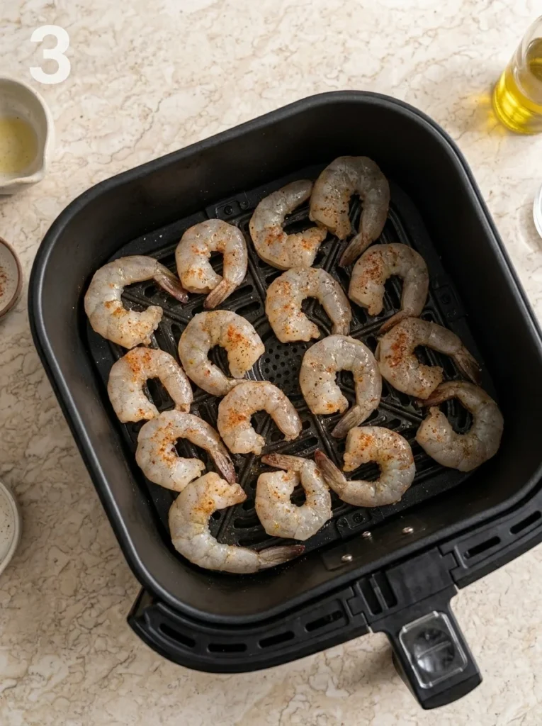 Seasoned raw shrimp arranged in a single layer inside an air fryer basket