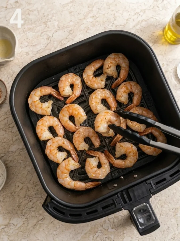 Tongs lifting a cooked shrimp with lightly browned edges from an air fryer basket