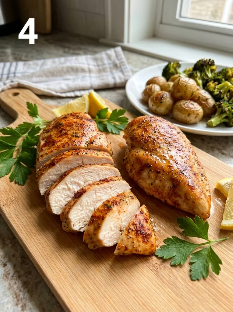 Sliced golden chicken breast with parsley and lemon on a serving board beside roasted potatoes and broccoli.