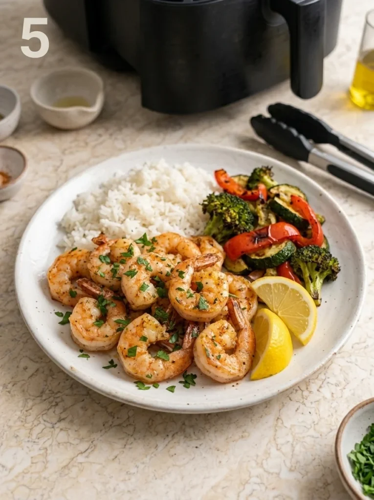 Air fryer shrimp garnished with parsley and lemon beside rice and roasted vegetables