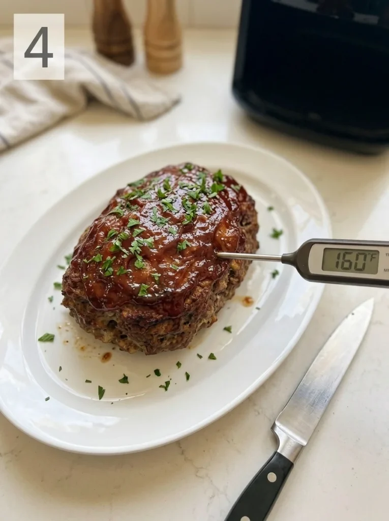 Glazed air fryer meatloaf with a thermometer showing an internal temperature of 160°F.