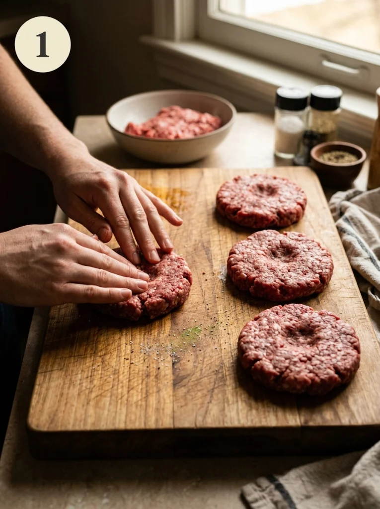 Hands shaping ground beef into hamburger patties with shallow center indentations.