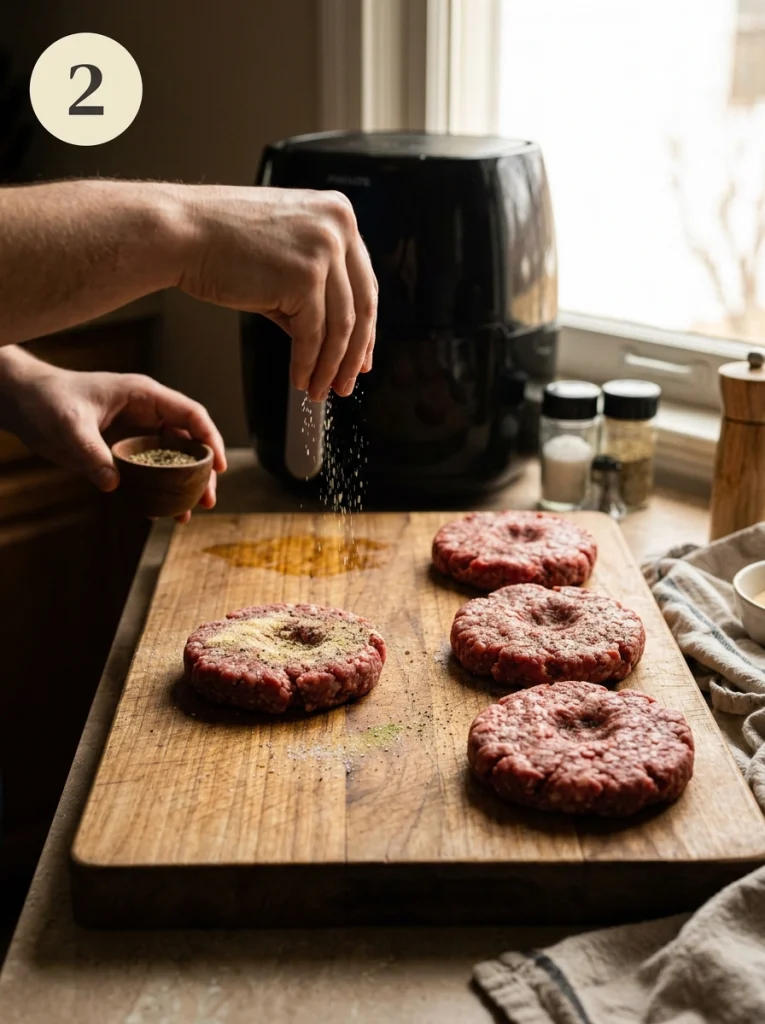 Hamburger patties being seasoned on a cutting board beside an air fryer.