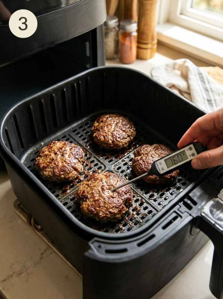 Browned hamburger patties in an air fryer basket with a thermometer reading 160°F.