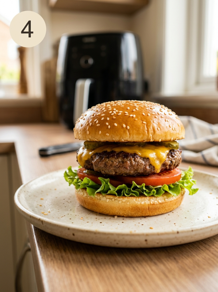 Air fryer cheeseburger with lettuce, tomato, and pickles in a sesame bun on a plate.