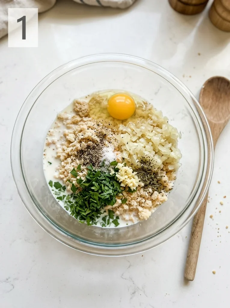 Breadcrumbs, milk, egg, onion, garlic, and seasonings in a bowl for air fryer meatloaf.