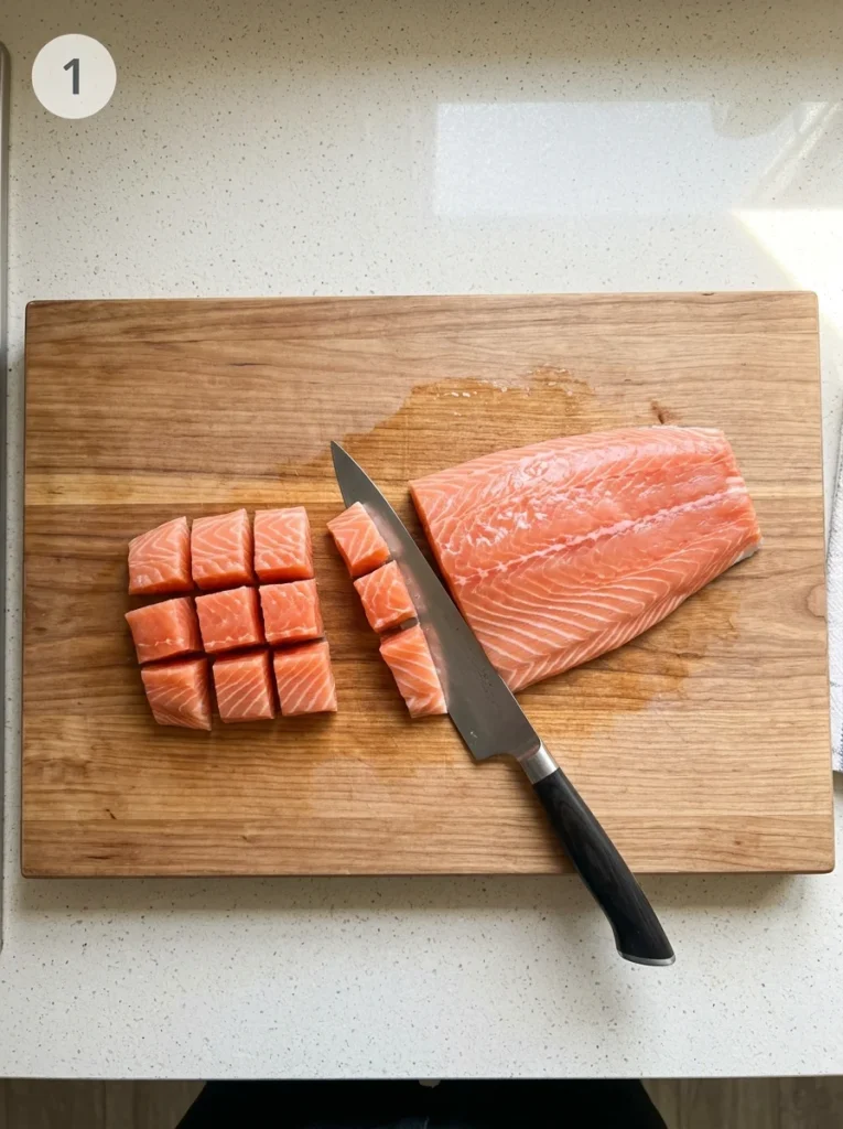 Skinless salmon being cut into 1-inch cubes on a wooden cutting board