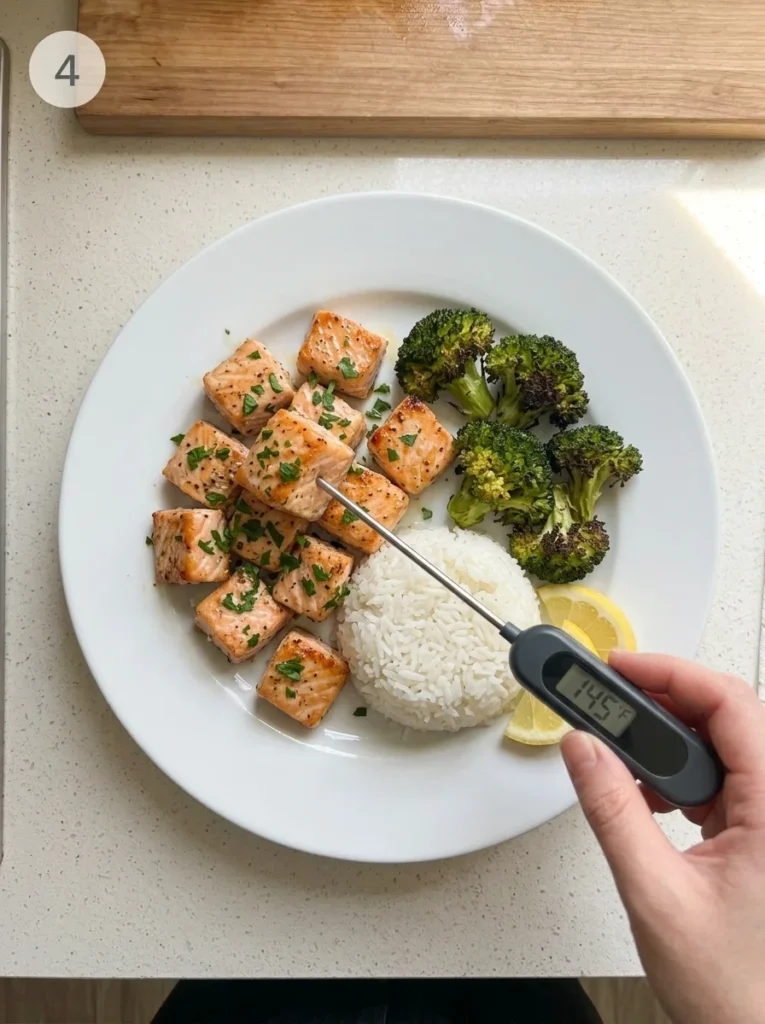 Thermometer reading 145°F in a cooked salmon cube, served with lemon, parsley, rice, and broccoli