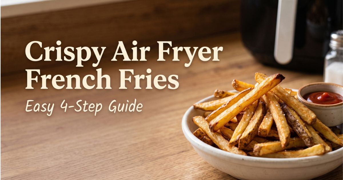 Golden air fryer french fries in a white bowl with ketchup on a wooden counter