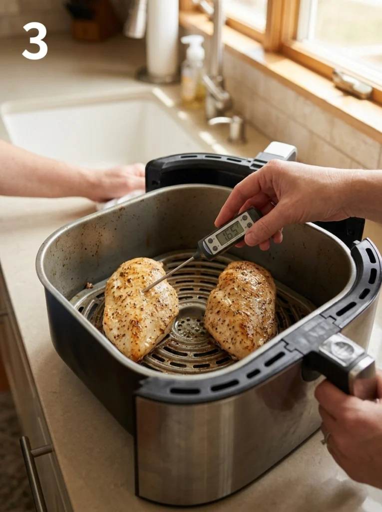 Thermometer reading 165°F in the thickest part of a golden chicken breast inside an open air fryer basket.