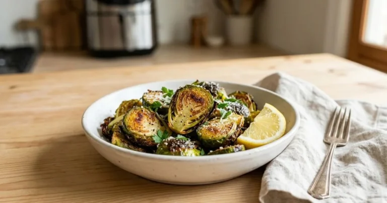 Crispy air fryer brussel sprouts in a white bowl with Parmesan, parsley, and a lemon wedge