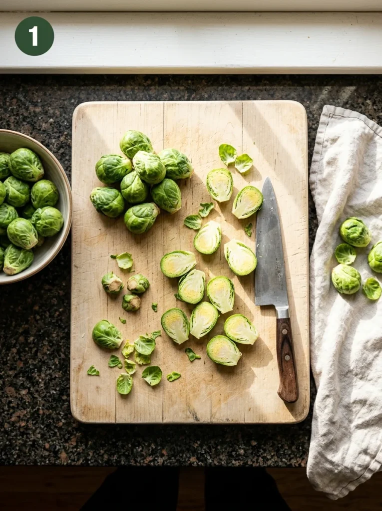 Step 1: Fresh Brussels sprouts trimmed and halved on a wooden cutting board