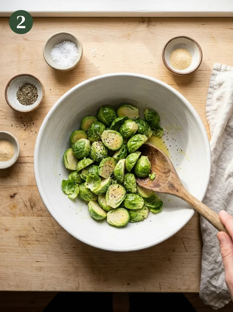 Step 2: Halved Brussels sprouts tossed with olive oil and seasonings in a white bowl