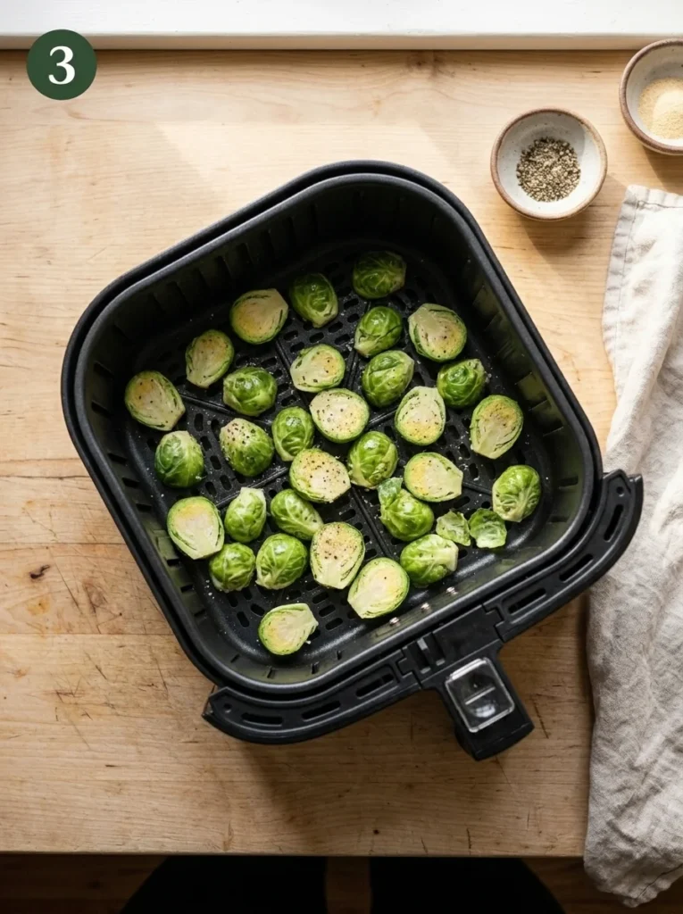 Step 3: Seasoned Brussels sprouts arranged in a single layer in an air fryer basket