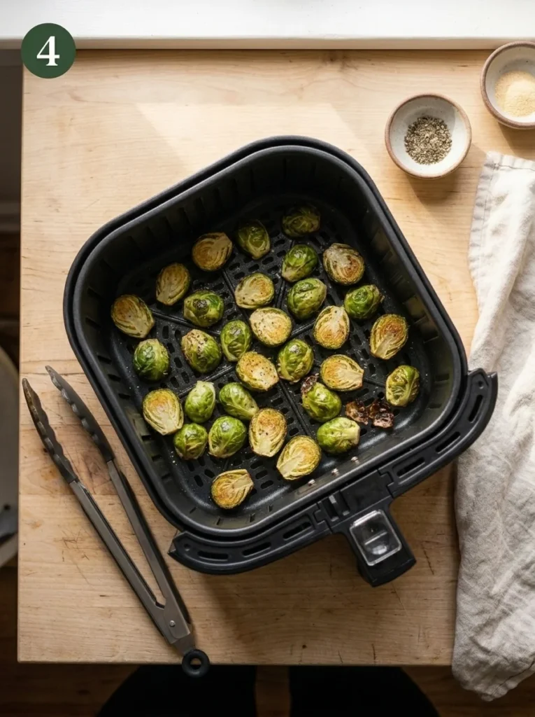 Step 4: Air fryer brussel sprouts with golden-brown edges inside the basket