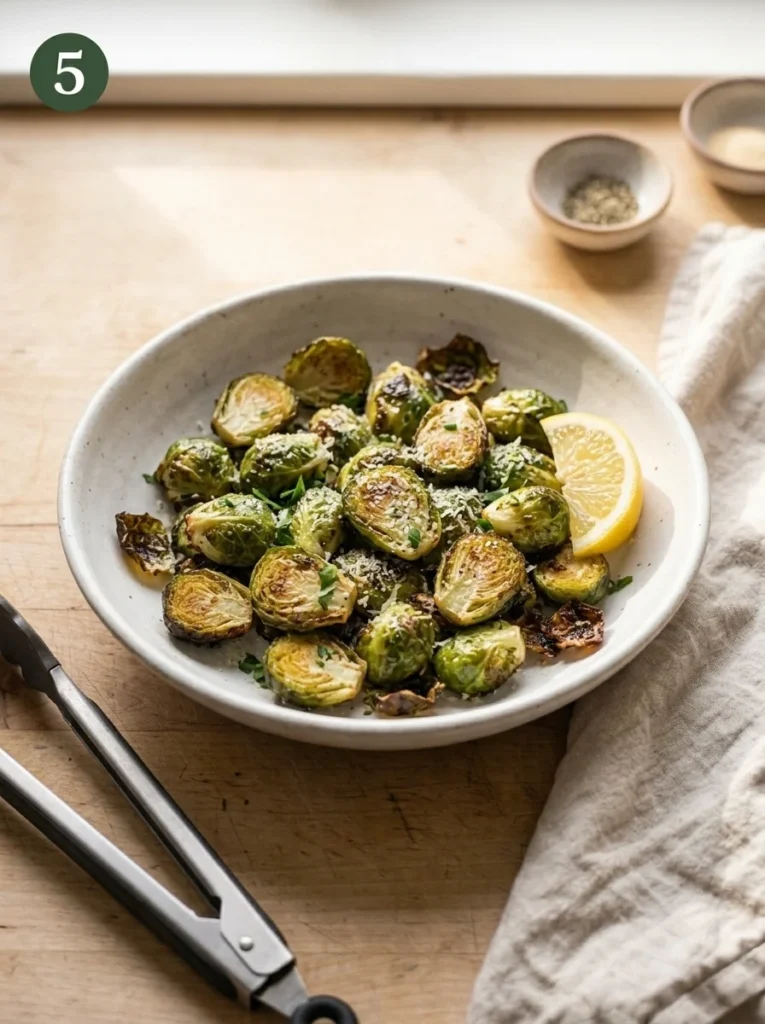 Step 5: Crispy air fryer brussel sprouts served with Parmesan, parsley, and lemon