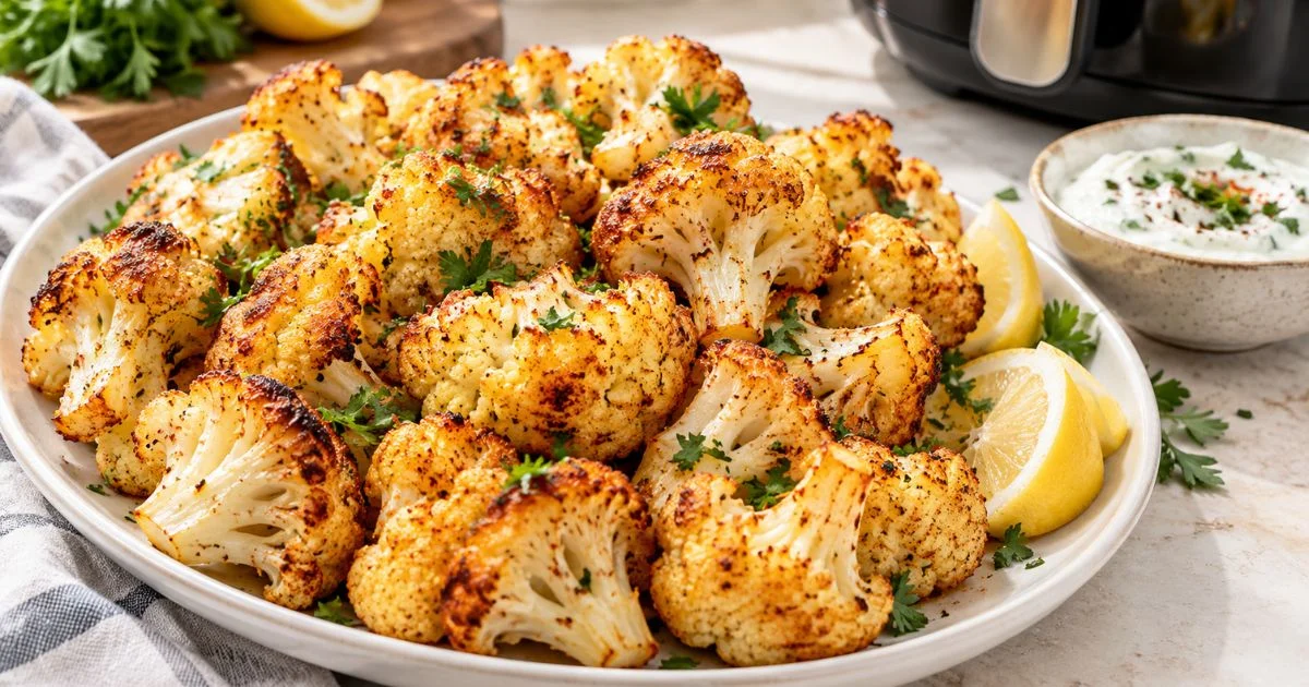 Golden air fryer cauliflower topped with parsley on a white plate, served with lemon wedges and a creamy dip.