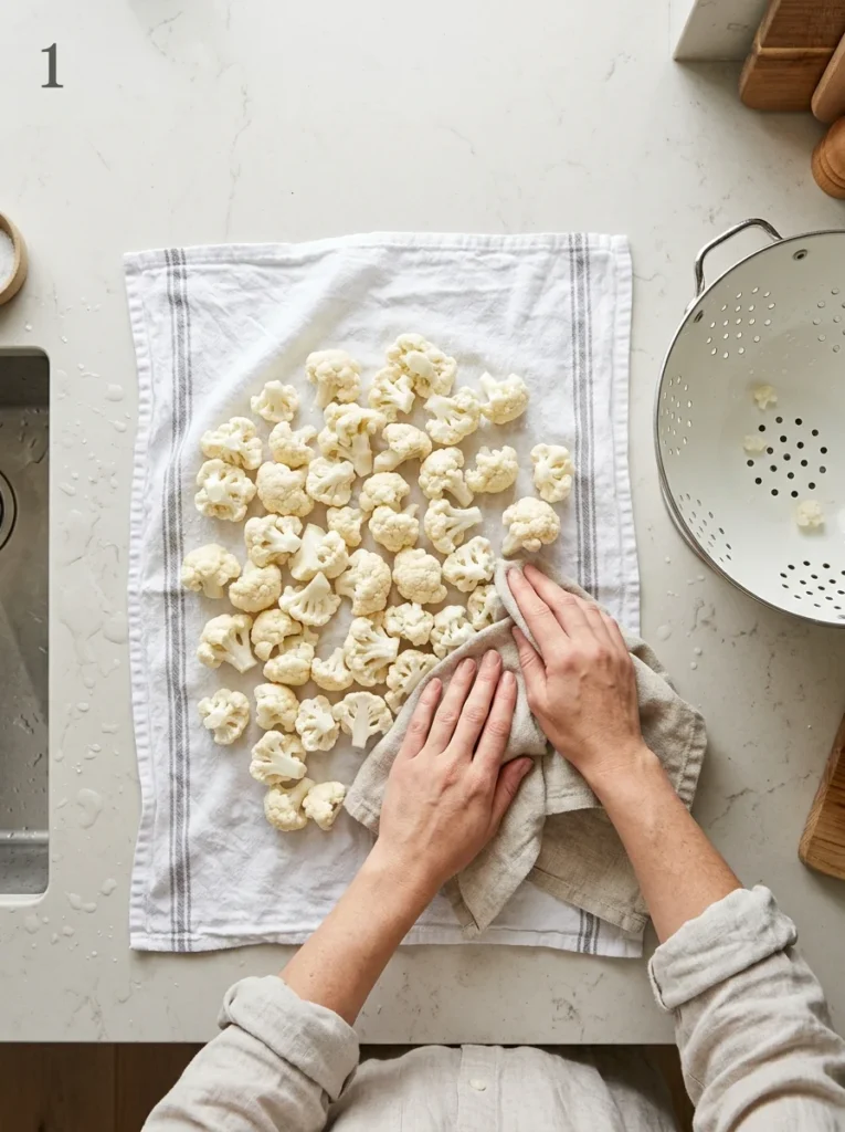Hands patting washed cauliflower florets dry on a clean kitchen towel.