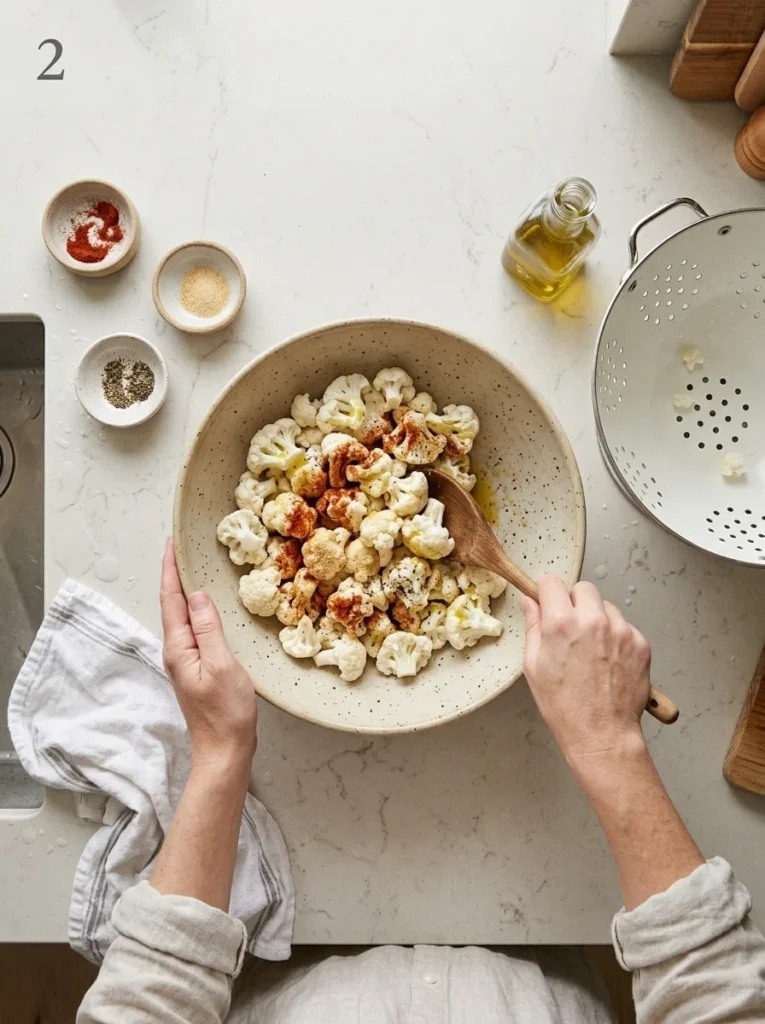 Cauliflower florets tossed with olive oil, paprika, garlic powder, salt, and pepper in a mixing bowl.