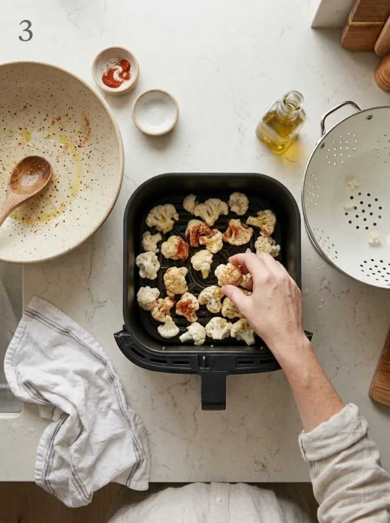 Seasoned cauliflower florets arranged in a single layer inside an air fryer basket.