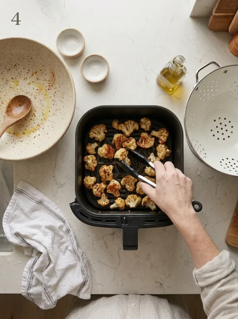Silicone-tipped tongs turning partially browned cauliflower florets in an open air fryer basket.