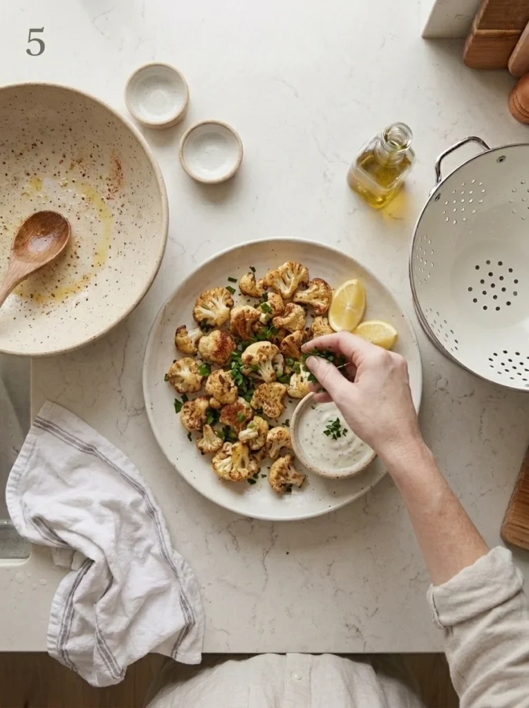Hand sprinkling parsley over golden air fryer cauliflower served with lemon wedges and a creamy dip.