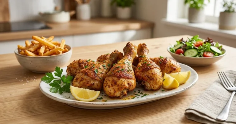 Golden air fryer chicken drumsticks garnished with parsley and lemon, served with French fries and a green salad.