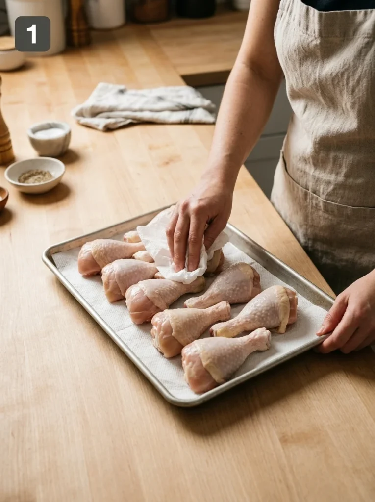 Hands patting raw chicken drumsticks dry with paper towels on a preparation tray.