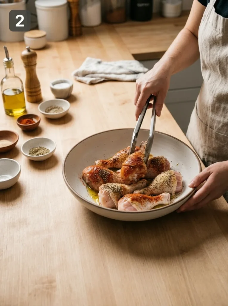 Chicken drumsticks tossed with olive oil, paprika, garlic, and herbs in a mixing bowl.