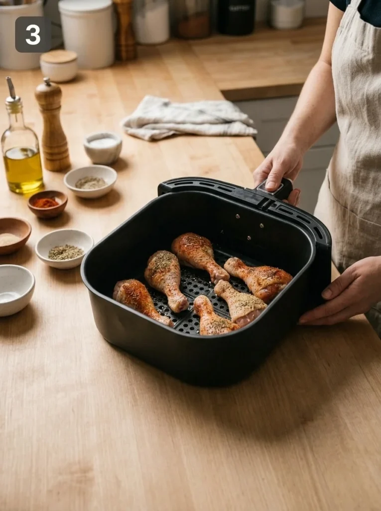 Seasoned chicken drumsticks arranged in a single layer with gaps inside an air fryer basket.