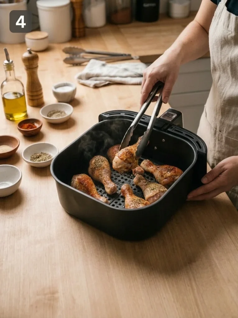Kitchen tongs turning a partially browned chicken drumstick in an open air fryer basket.