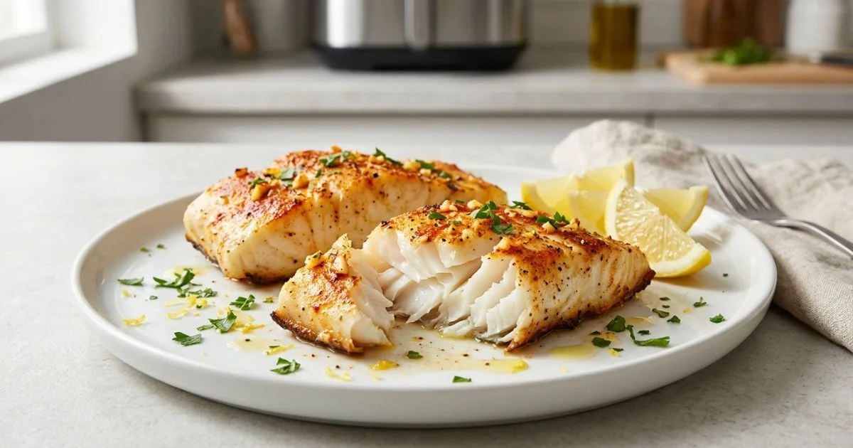Air fryer cod fillets with golden edges and flaky white flesh, served with lemon wedges and parsley.