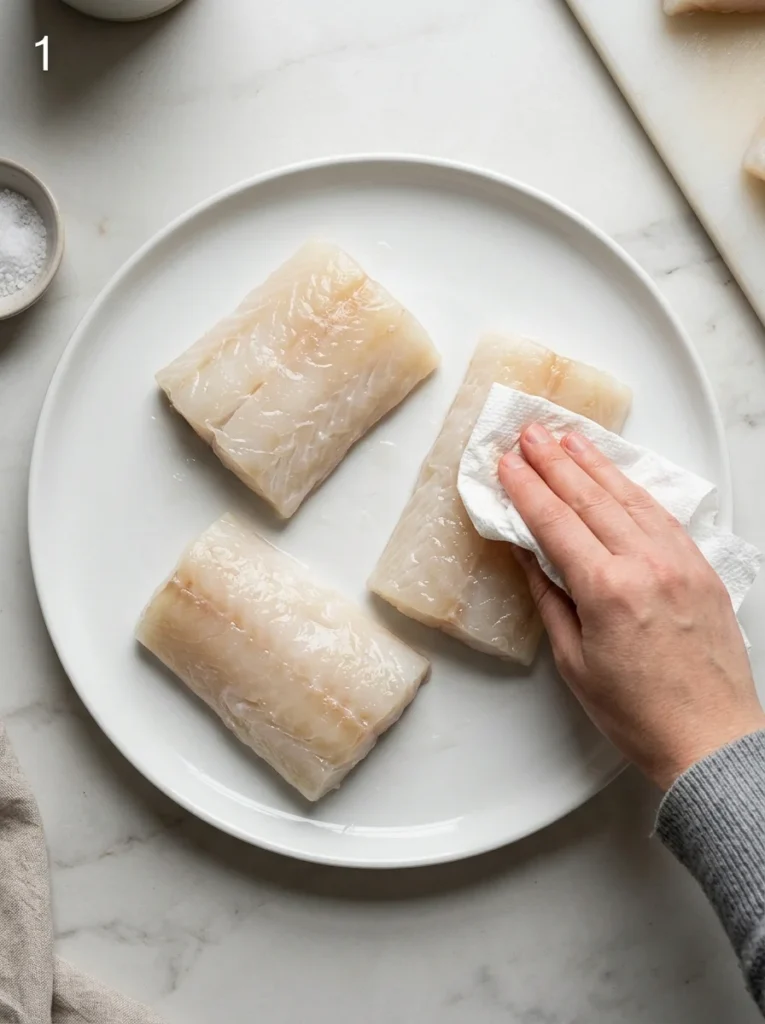 Hand patting raw cod fillets dry with a paper towel on a white plate.