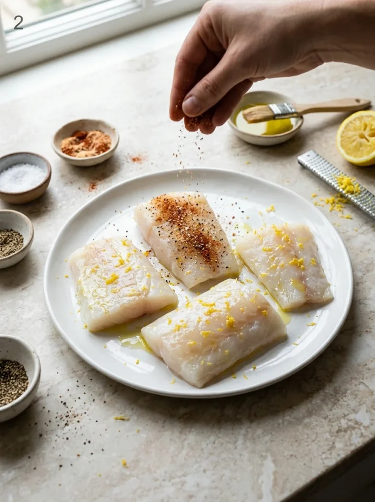 Hand sprinkling garlic-paprika seasoning over oiled cod fillets with lemon zest.