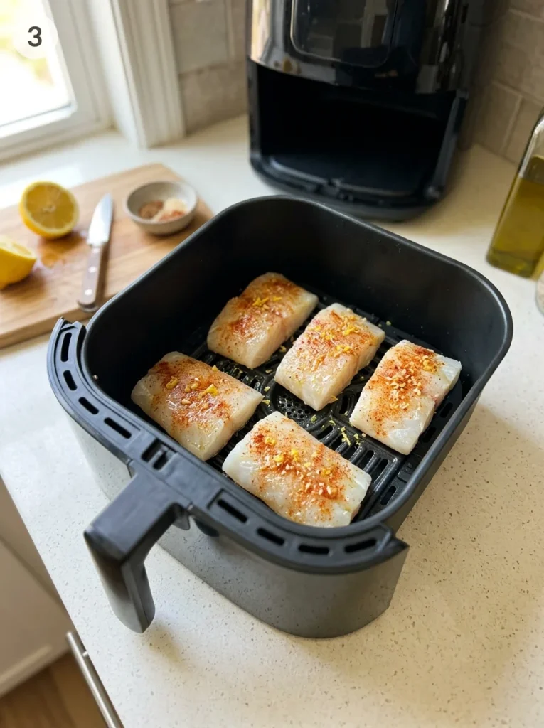 Four seasoned cod fillets arranged in a single layer with space between them in an air fryer basket.