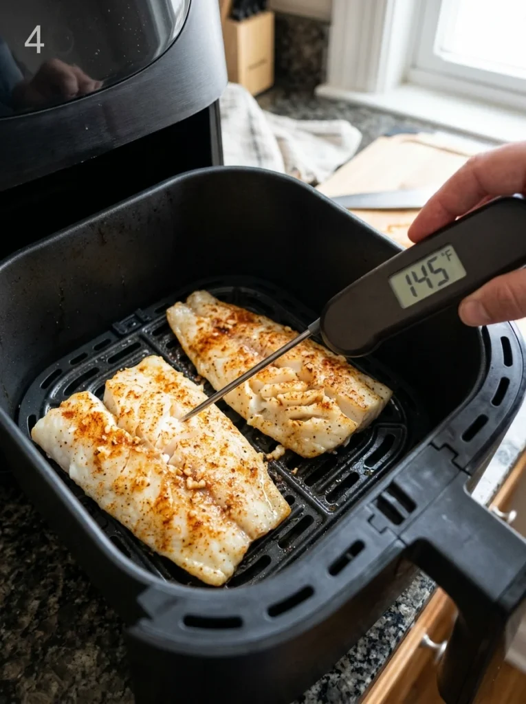 Thermometer inserted into the thickest part of an air fryer cod fillet showing 145°F.