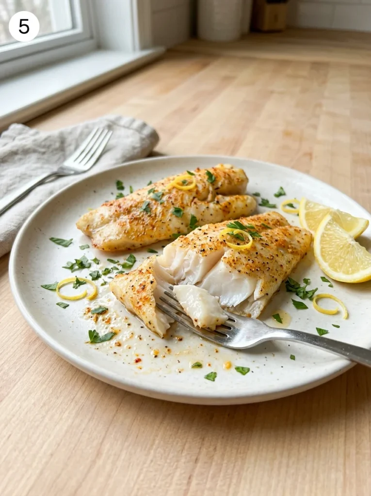 Air fryer cod fillets with flaky white flesh, parsley, and lemon wedges on a white plate.