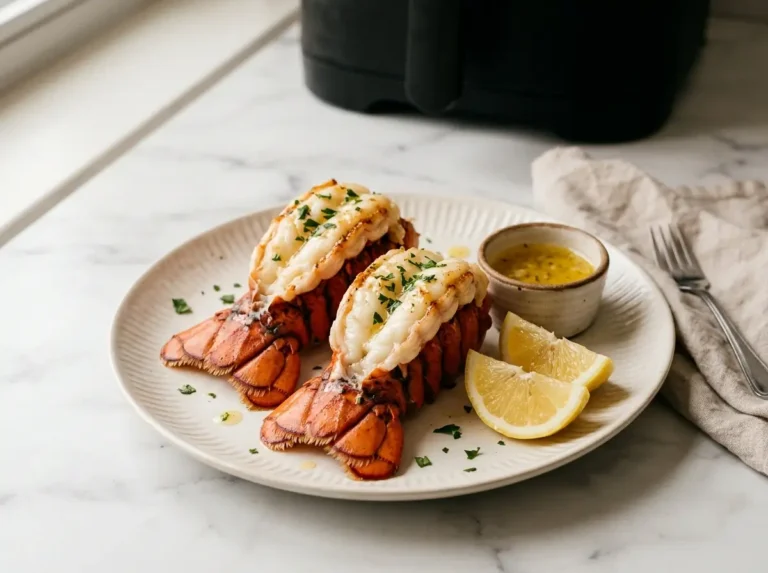 Two butterflied air fryer lobster tails with garlic butter, parsley, and lemon wedges on an ivory plate.