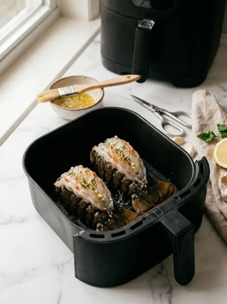 Raw butterflied lobster tails brushed with garlic butter in an open black air fryer basket.