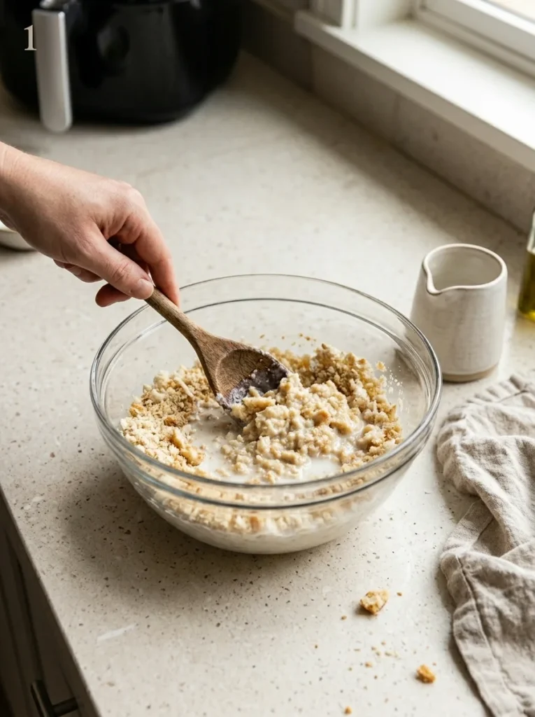 Breadcrumbs mixed with milk in a glass bowl for air fryer meatballs