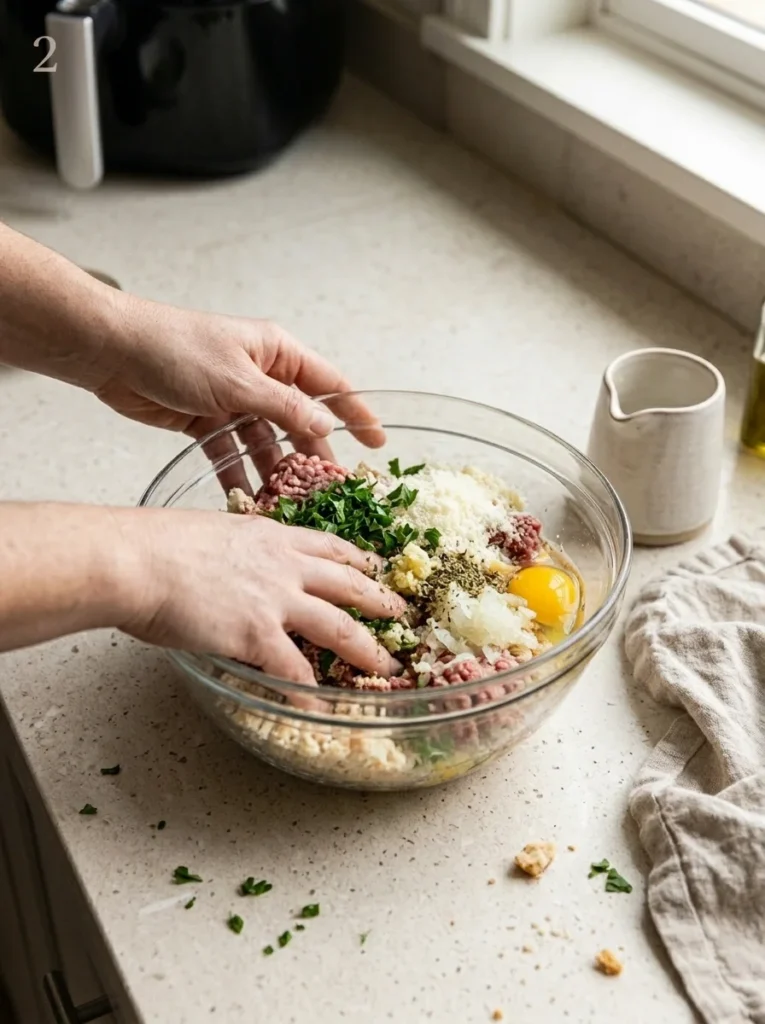 Hands gently mixing ground beef, breadcrumbs, egg, Parmesan, and seasonings