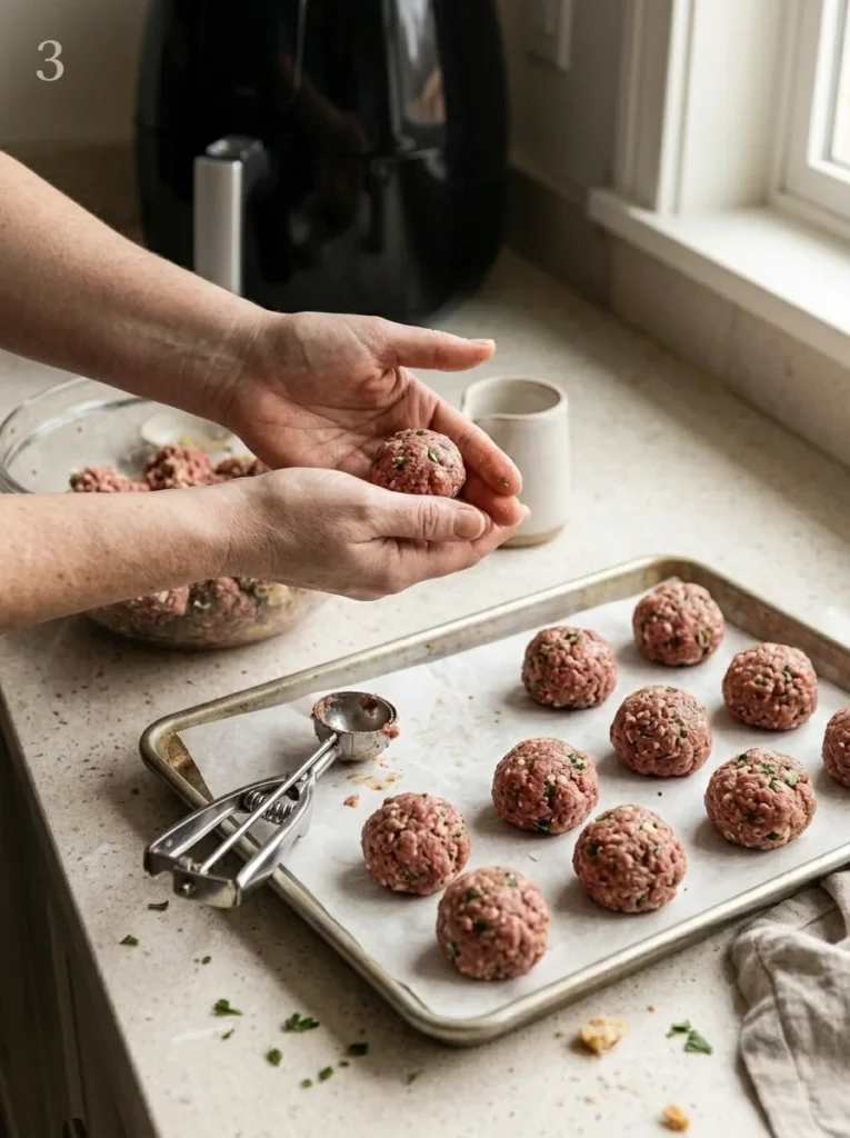 Hands shaping evenly sized raw beef meatballs beside a parchment-lined tray