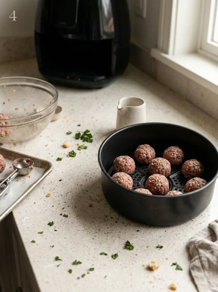 Raw meatballs arranged in a single layer with gaps inside an air fryer basket