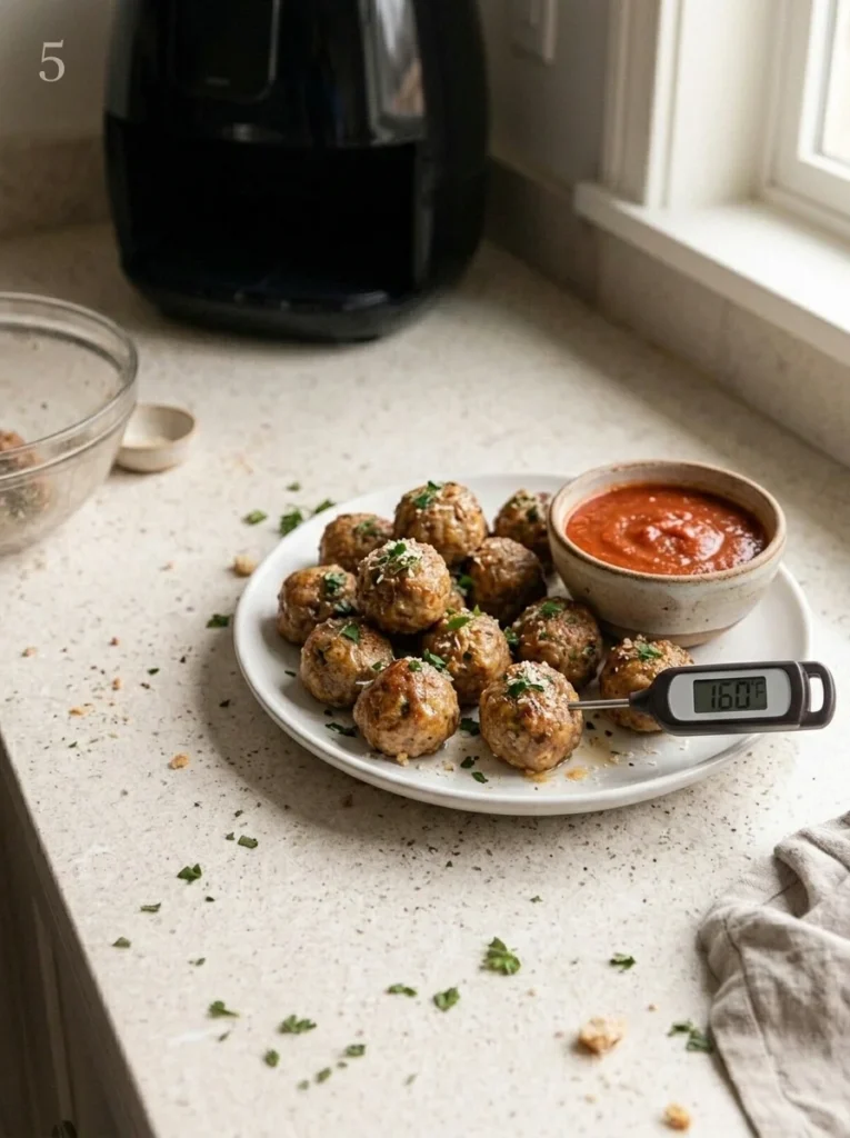 Thermometer showing 160°F inside a cooked beef meatball beside marinara sauce