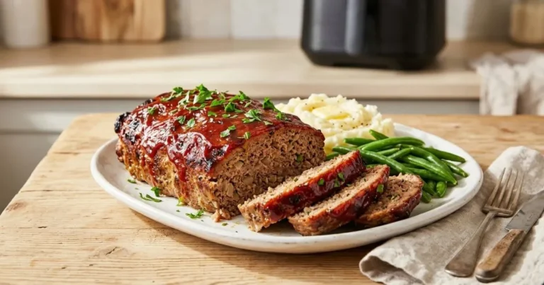 Glazed air fryer meatloaf garnished with parsley, served with mashed potatoes and green beans.