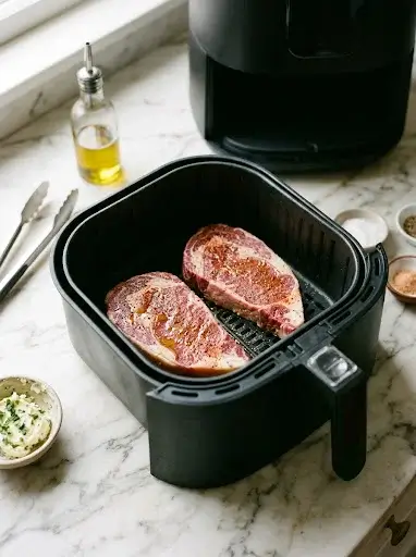 Two seasoned raw ribeye steaks in the pulled-open basket of a black air fryer.