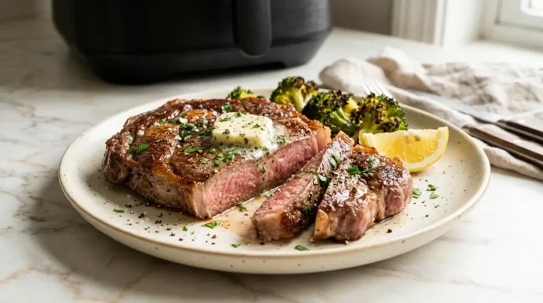 Sliced air fryer ribeye topped with herb butter, served with roasted broccoli and a lemon wedge.